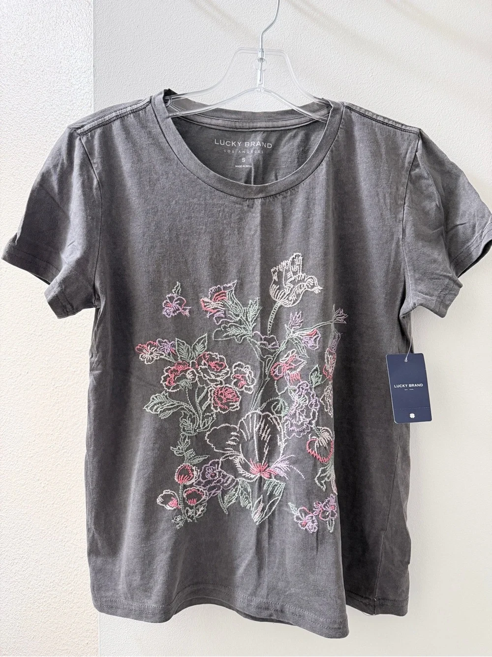 Lucky Brand Charcoal Floral Embroidered Short Sleeve Tee